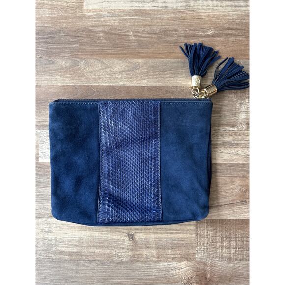 Women's Ann Taylor Navy Blue Suede Double Pouch Tassel Charm Clutch Purse Glam - Picture 2 of 6
